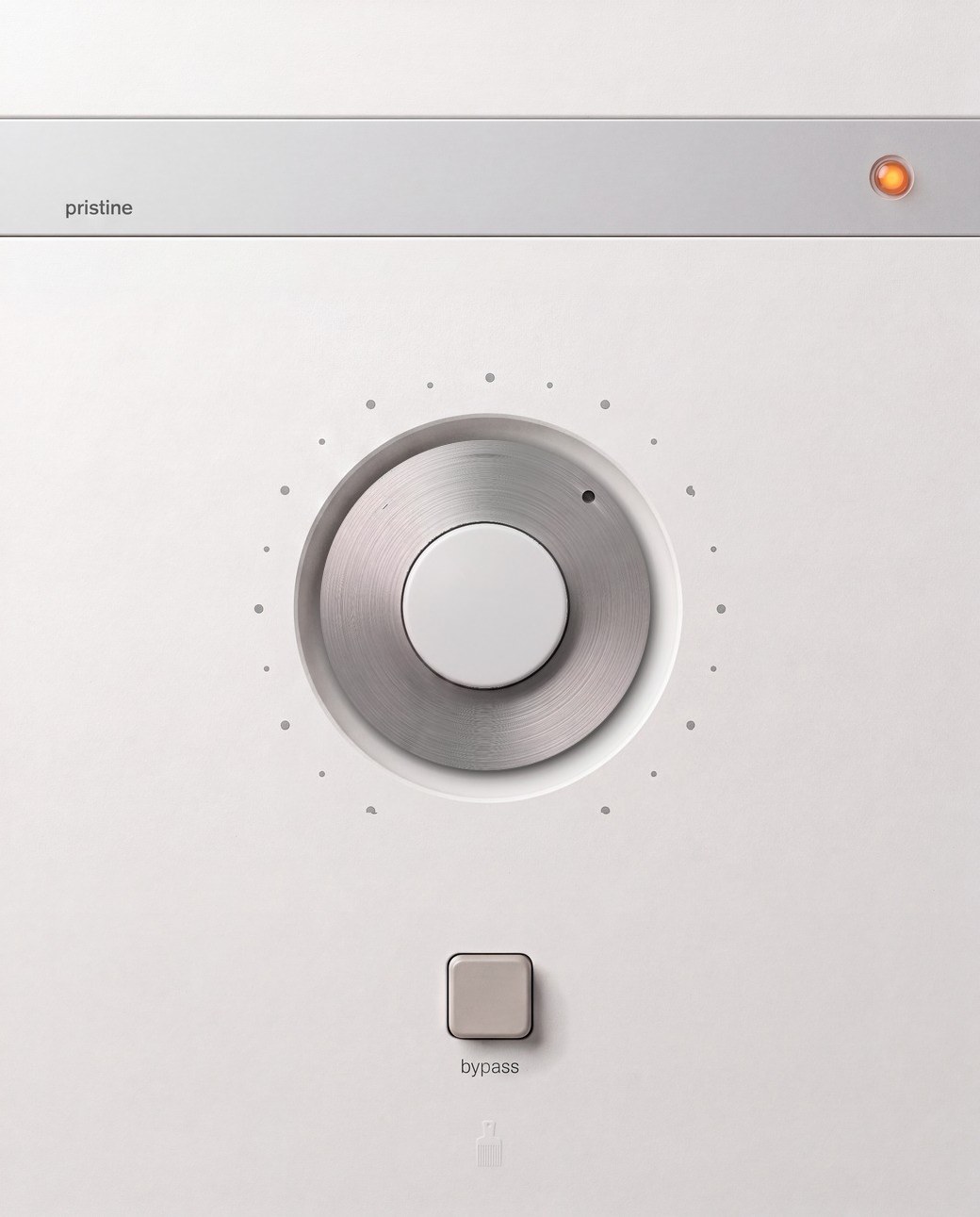 The Pristine plugin interface: a white hardware-style panel with one large Amount knob and a bypass button