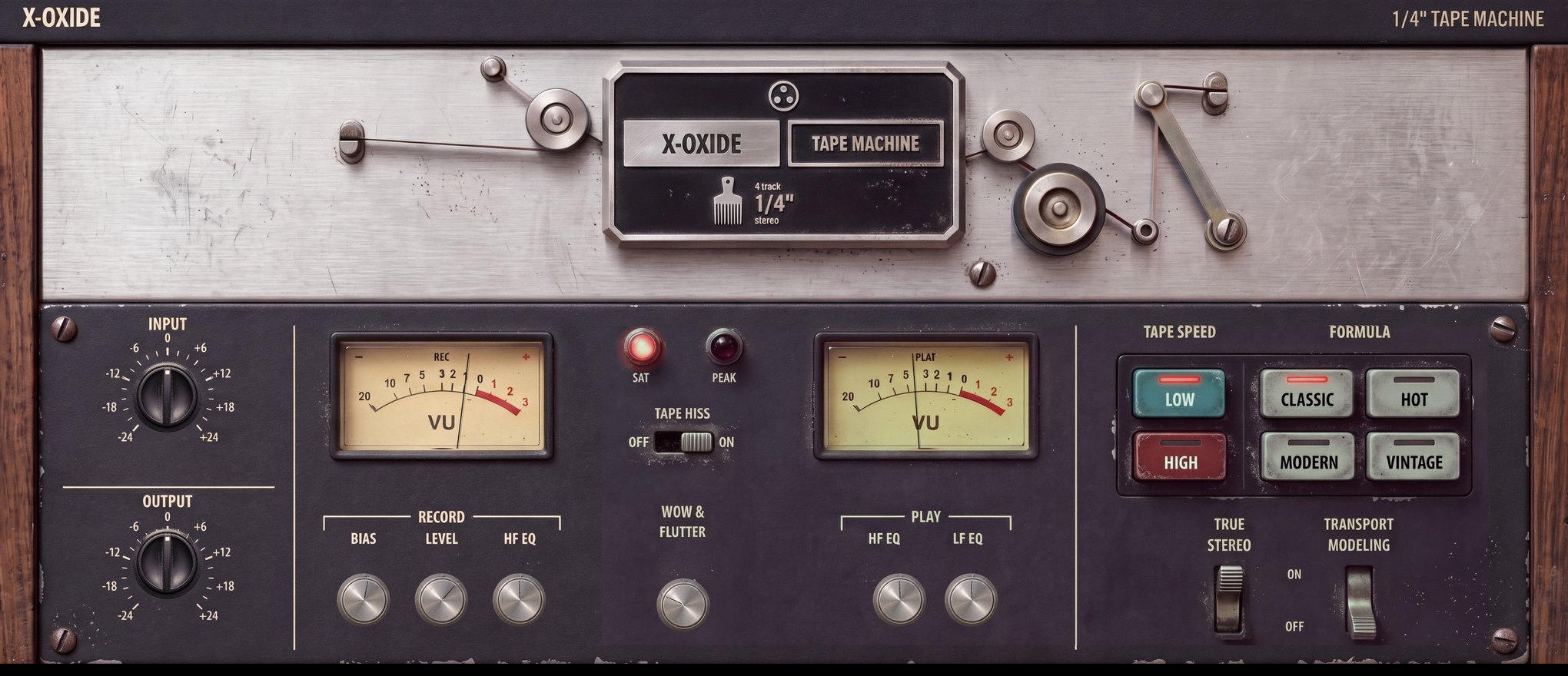 The X-OXIDE plugin interface: a worn quarter-inch tape machine faceplate with VU meters, knobs and switches